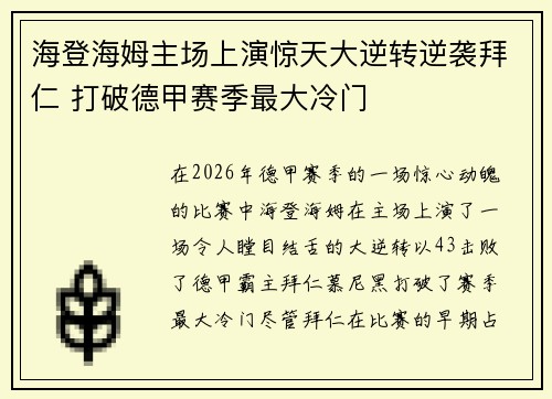 海登海姆主场上演惊天大逆转逆袭拜仁 打破德甲赛季最大冷门