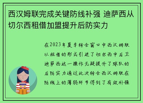 西汉姆联完成关键防线补强 迪萨西从切尔西租借加盟提升后防实力